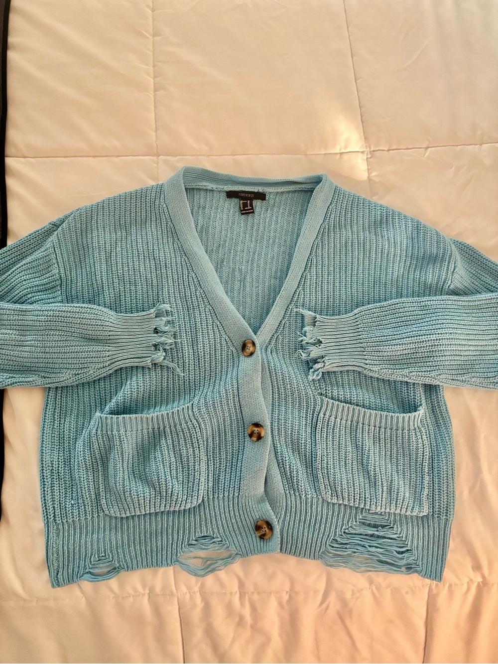 Light Blue Distressed Knit Cardigan Sweater * Forever 21 * Medium